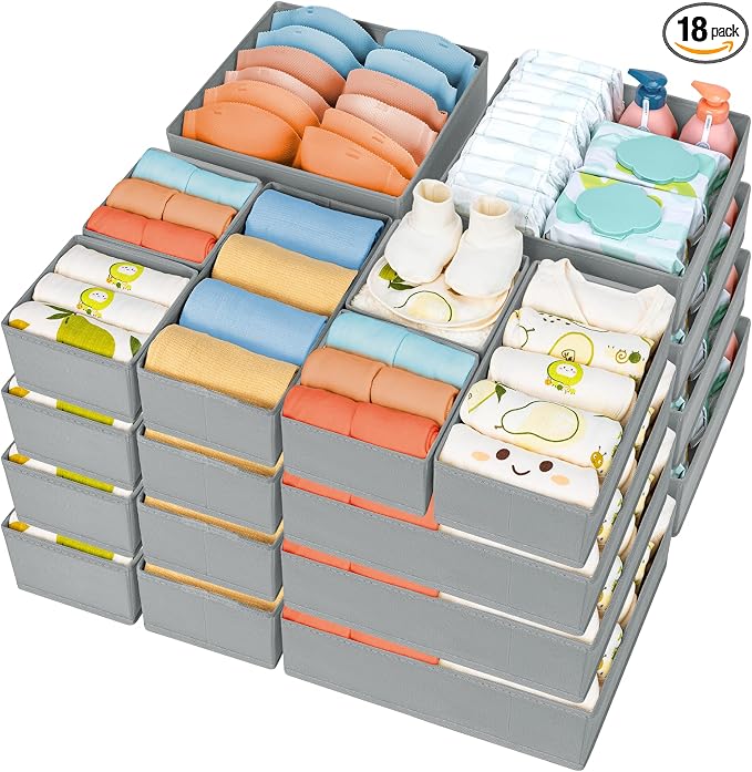DIMJ Drawer Organizer Clothes 18 Pack - Foldable Baby Organizers and Storage & Dresser Organizer for Bedroom, Closet - Nursery Organization Dresser Dividers for underwear, Sock,Bra, Belt, Tie, Gray by DiMJ