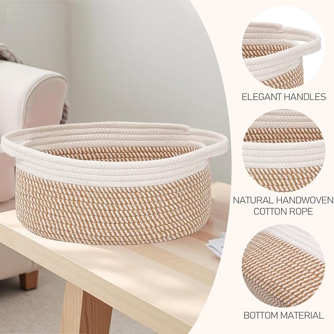 JMvicyroam Woven Basket,Small Rope Storage Bin with Handles & Ribbon Bag, Organizer for Shelves Closets,Gift Basket Empty for Birthday,Books,Dog Toys, White&Brown Block/3 Pack - Image 3