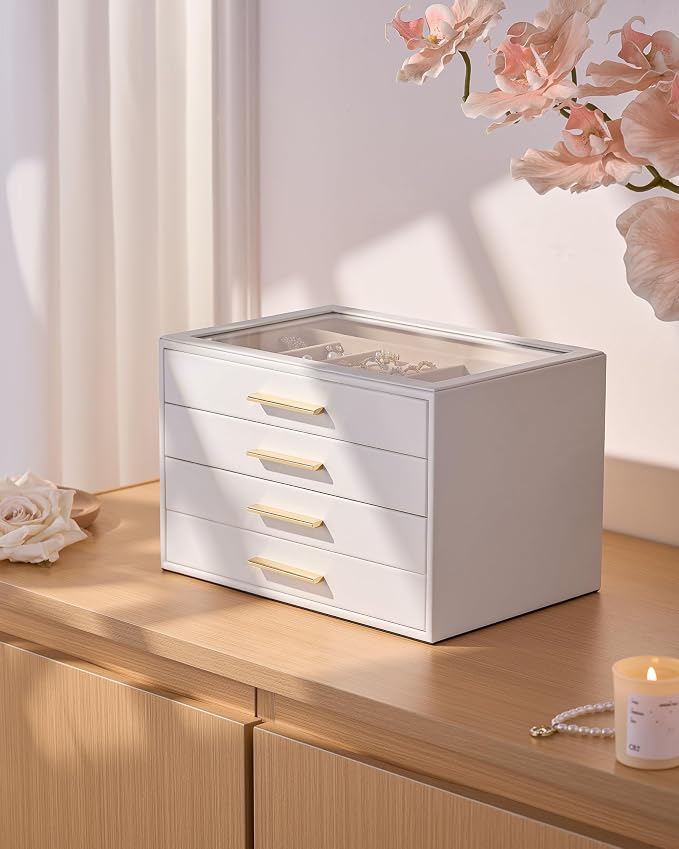 pickpiff Jewelry Box Organizer Case for Women: 4-Layer Jewelry Storage Case with Glass Window, Pure White Leather with Velvet Holder for Ring Necklace Bracelet Brooch Watch, Great Gift for Her - Image 2