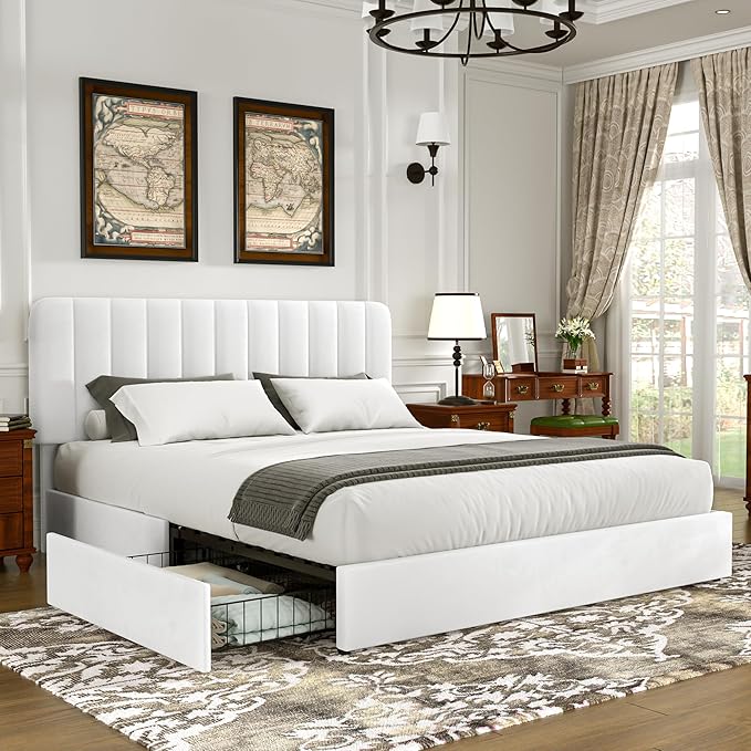 VECELO Full Size Upholstered Bed Frame with 4 Drawers and Headboard, Velvet Platform Storage Bedframe, Wooden Slats Support, No Box Spring Needed,Snow-White