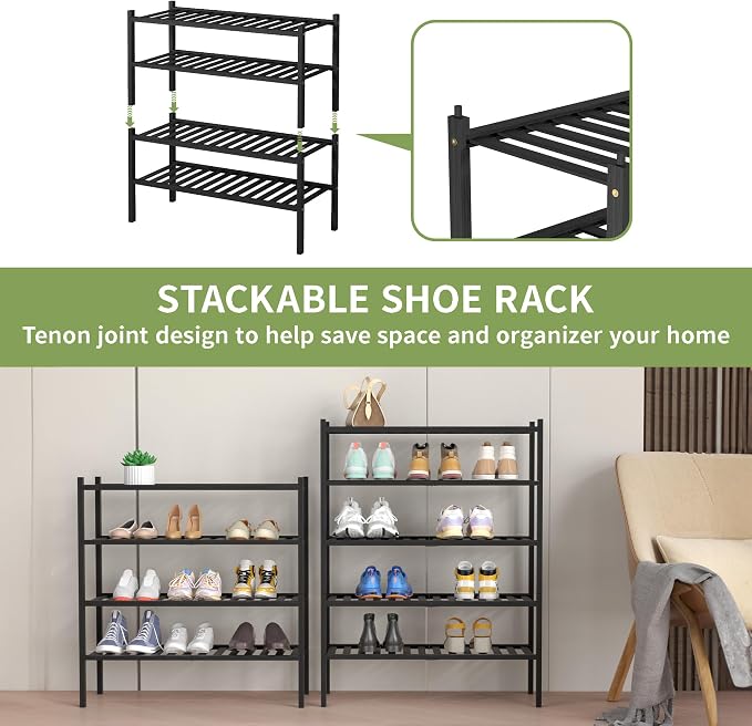 ROMGUAR CRAFT 4 Tier Bamboo Shoe Rack for Closet Free Standing Wood Shoe Shelf for Entryway Small Space Stackable 27"x11"x26" (Black) - Image 5
