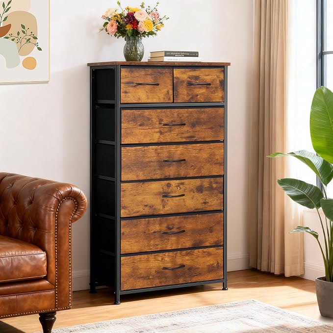 Mifuro Tall Dresser for Bedroom, Vertical Storage Organizer Tower with 7 Drawers, Chest of Drawers with Fabric Bins, Steel Frame, Wood Top for Bedroom, Closet, Entryway- Rustic Brown - Image 2