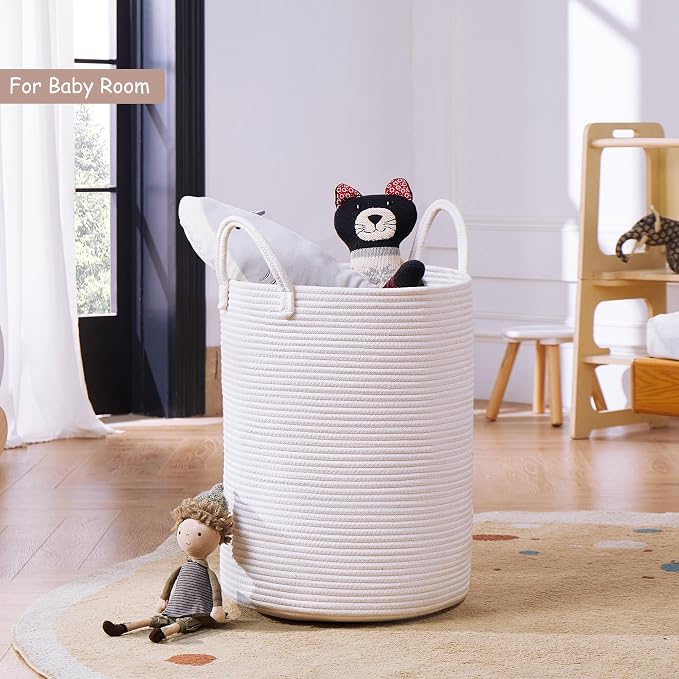 60L Pure White Woven Hamper Laundry Basket Cotton Rope Blanket Basket for Living Room 15Dx20H inches Tall Clothes Hamper for Baby Nursery Kids in Bedroom Large - Image 4
