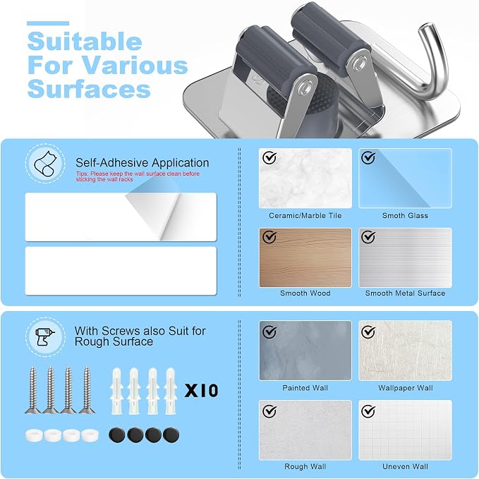 4 Pack Stainless Steel Mop and Broom Gripper with Hook, Screw Drilling or Self Adhesive Mop and Broom Holder Wall Mount, Storage Rack for Closet Laundry Garage Garden Tool Organizer, Silver - Image 8