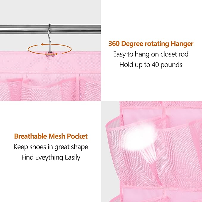 MISSLO 30 Large Pockets Dual Sided Hanging Shoe Organizer for Closet with Rotating Hanger Hanging Shoe Shelves, Pink - Image 6