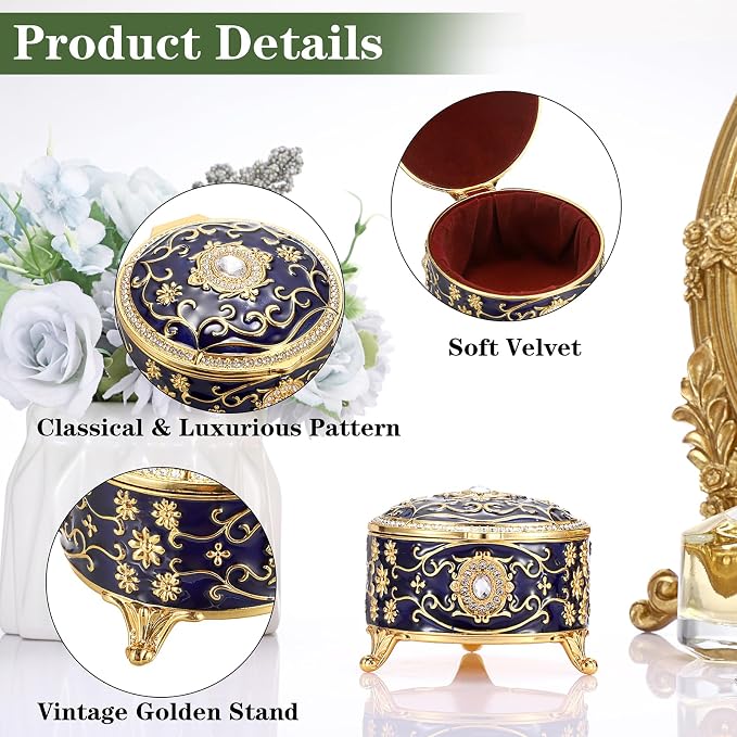 Hipiwe Vintage Jewelry Box Round Metal Treasure Chest Box Enameled Jewelry Trinket Box for Ring Earrings Necklace,Sparkling Keepsake Box Gift for Birthday Christmas,Blue - Image 4