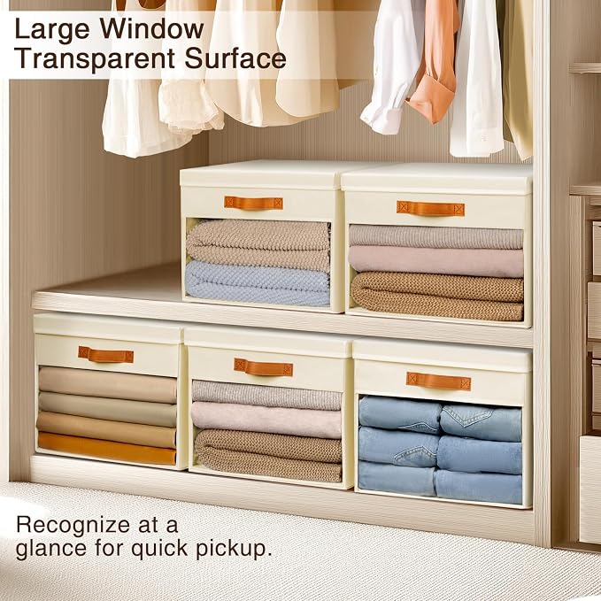 Homsorout Large Storage Bins with Lids - 4 Pack Foldable Decorative Organizers with Clear Windows & Handles, Cube Storage Organizers for Clothes, Blankets, Sweaters, Sheets, Beige - Image 3