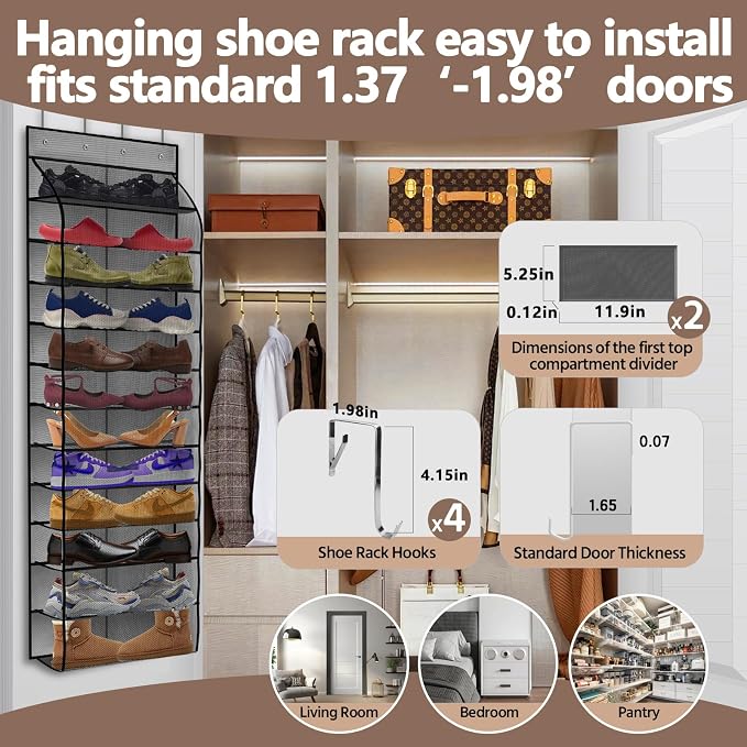 PAULONE 12 Pocket Over the Door Shoe Organizer,Reusable Breathable Large Mesh Bag Men's & Women's Sneaker Organizer,Shoe Organizer for Kids,Hanging Shoe Storage Hanging Bag (Grey) - Image 5