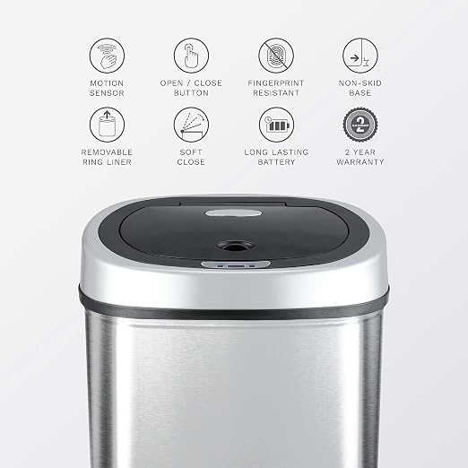 Ninestars DZT-42-9 Automatic Touchless Infrared Motion Sensor Trash Can, 11 Gal 42L, Stainless Steel Base (Oval, Silver/Black Lid) - Image 4