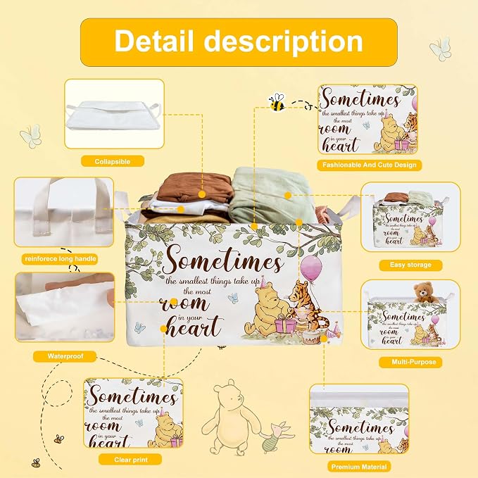 Winnie Nursery Decor, the Pooh Baby Stuff, Winnie Storage Nursery Basket, Large squarecanvas Laundry Hamper With A Waterproof PECoating, Foldable, Toys Bin, Baby Nursery HamperDecor, Star - Image 3