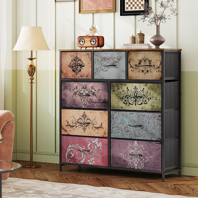 WLIVE 9 Drawer Dresser, Fabric Storage Tower for Bedroom, Hallway, Closet, Tall Chest Organizer Unit for Bedroom with Fabric Bins, Steel Frame, Wood Top, Easy Pull Handle, Pattern - Image 8