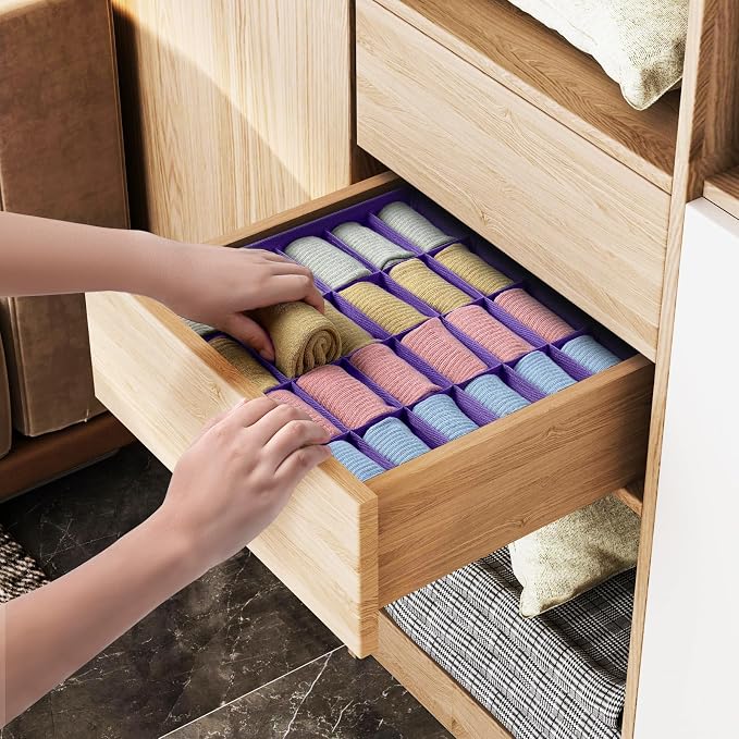 Joyoldelf Sock Drawer Organizer Divider 2 Packs Underwear Organizer, 24 Cell Closet Organizers and Storage Organizer Sock Holders Organizers for Storing Socks, Handkerchiefs, Ties, Belts (Purple) - Image 4