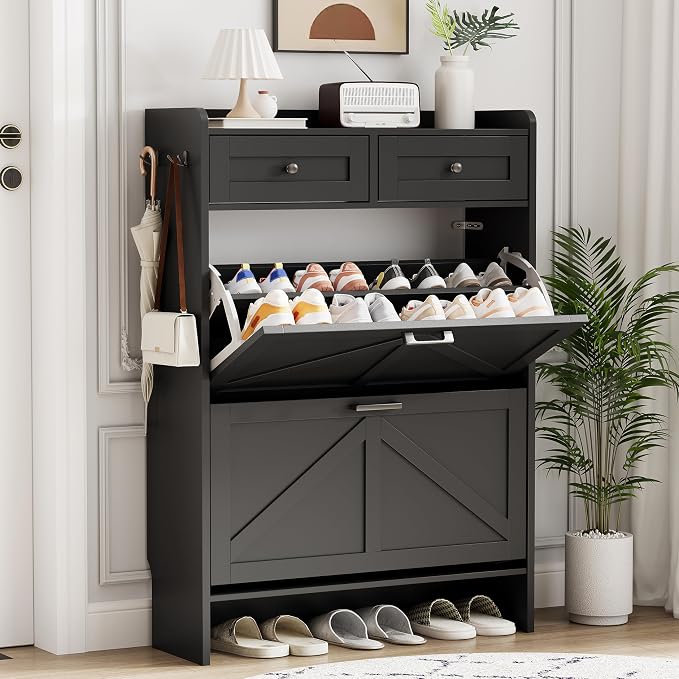 Shoe Cabinet with 2 Flip Drawers & 2 Top Drawers, 43" Tall Freestanding Narrow Wooden Shoe Storage Organizer for Entryway, Hidden Slim Shoe Rack for Front Door Entrance, Hallway, Living Room, Black by Xixini