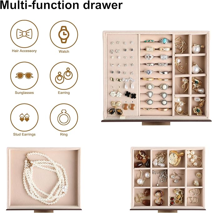 Frebeauty Clear Lid Jewelry Box,3-Layer Jewelry Organizer with Drawer,PU Leather Jewelry Organizers and Storage,Jewelry Boxes for Women,Jewelry Storage for Rings Earring Stud,Gift for Women(Brown) - Image 4