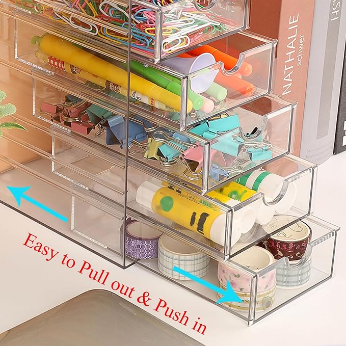 Hipiwe Plastic Drawer Organizer Clear Desktop Drawers Box with 6 Pull Out Drawer Compact Storage Box for Cabinet Vanity Bathroom Bedroom Pantry Shelf Office Closet Organization - Image 4