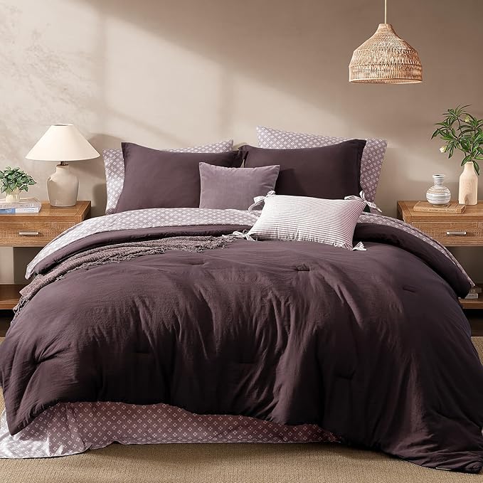 Monbix King Size Comforter Set - 7 Pieces ltalian Plum Prewashed Bed in a Bag King Bedding Sets with Comforters, All Seasons Ultra Soft Comforter Bed Set with Sheets,Pillowcases & Shams