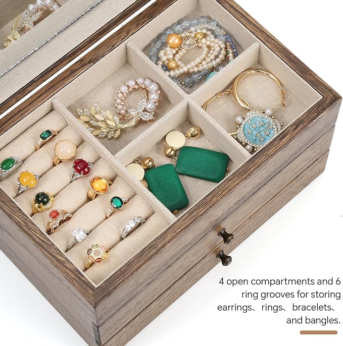Meangood Jewelry Box Organizer for Women, 3 Layer Large Jewelry Storage Case, Rustic Wooden Jewelry Box with Mirror & Ring Tray for Necklace Earring Bracelets Rings, Vintage Style (Walnut) - Image 6