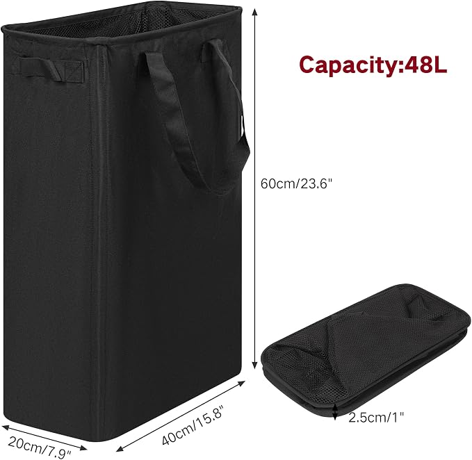 efluky Slim Laundry Basket, Narrow Laundry Hamper with Handles, Collapsible Dirty Clothes Hamper, Tall Laundry Bin for Laundry Room, Dorm and Bedroom, 12.7 Gallons(48L) Black - Image 2