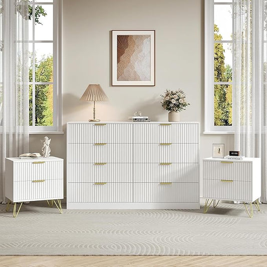 8 Drawer Dresser and Nightstand Sets for Bedroom, 3 Pcs Bedroom Set，Night Stand Set of 2 & 8 Drawer Dresser with Gold Handles, Modern Wood Chest of Drawers Storage Cabinet Set, White