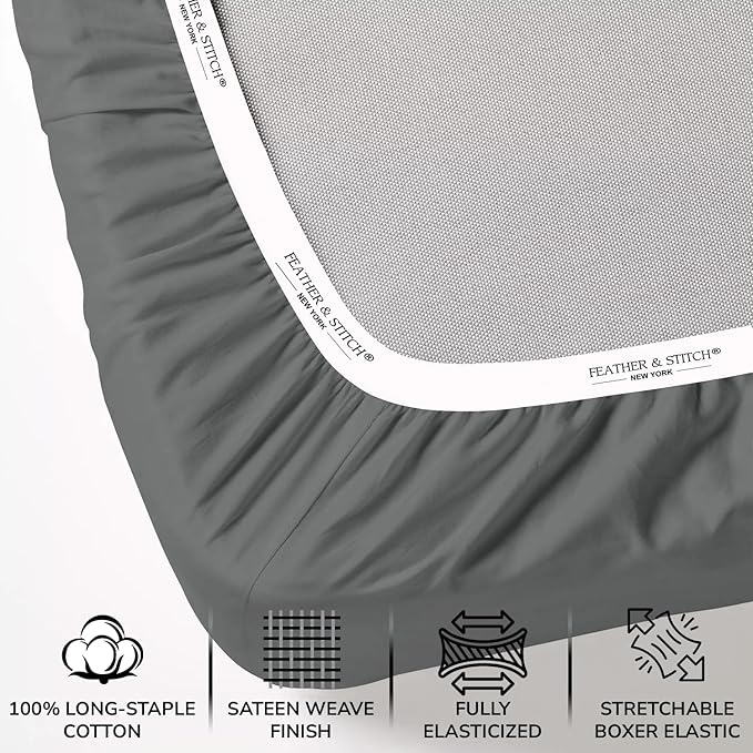 Feather & Stitch 500 TC California King Size 4pc Damask Bed Sheet Set, 100% Soft Cotton Breathable Bedsheets, 18" Deep Pockets Sateen Weave Solid Bedding Mattress - (Charcoal Slate)
