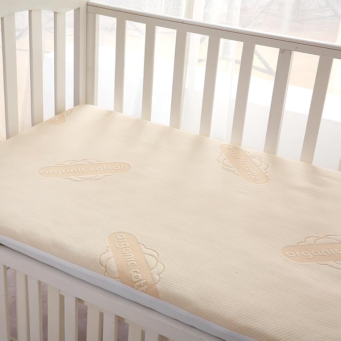 Crib Organic Mattress Protector Pad - OCS Certified Organic Cotton Waterproof Breathable Mattress Pad Cover - 250 GSM Comfort - Deep Pocket - Fitted Comfort