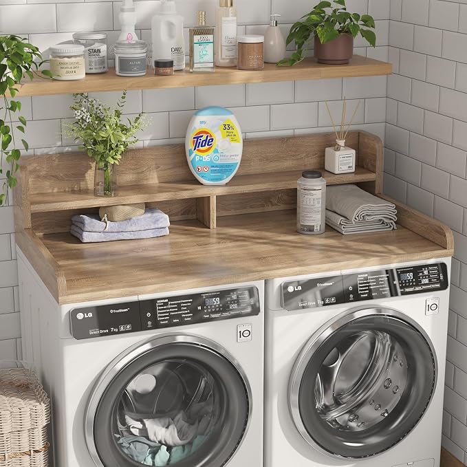 2-Tier Washer Dryer Countertop with 2.75" H Edge Rails, 54" W x 27.55" D Laundry Countertop for Folding Clothes, Washer and Dryer Topper with Non-Slip Pad (White Oak) - Image 2