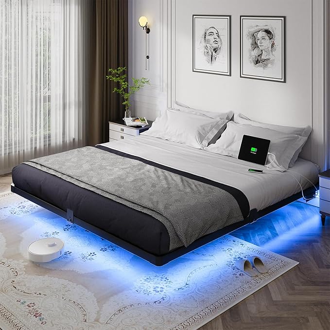 OLEVS King Size Floating Bed Frame, Metal Platform, with LED Light and Charging Station, No Box Spring Needed, Noise-Free, Easy Assembly