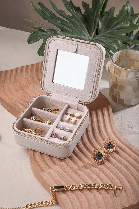 S.Leaf Travel Jewelry Organizer Boxes for Women Small Portable Necklace Earrings Bracelet Rings Travel Case Best Friend Birthday Gifts for Women Trendy (03_Lychee_Beige) - Image 5