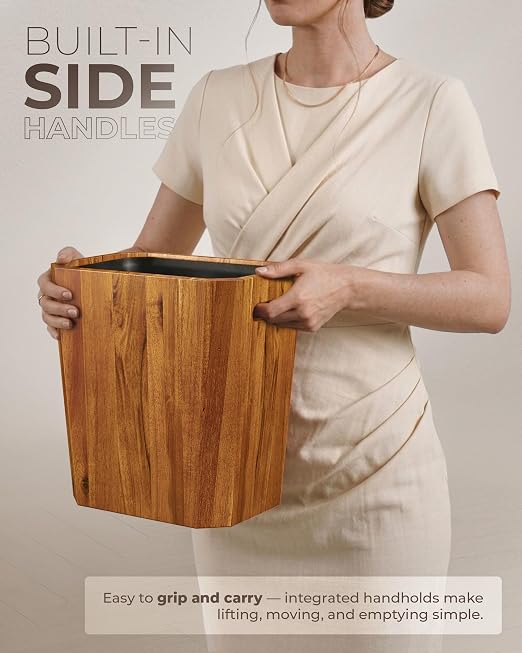 BLUEWEST 2.6 Gallons Acacia Wooden Wastebasket with Lid & PP Liner – Small Trash Can for Bathroom, Bedroom, Office – Decorative Wood Bin with Handle for Under Counter Use - Image 8