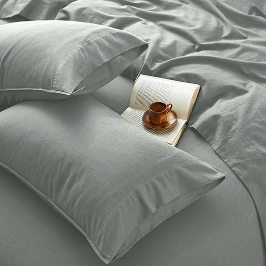 4Pcs Linen Sheets California King Size, 100% French Linen from Normandy, Breathable Earl Gray Cal King Sheet Set with 16 Inch Deep Pocket, 1 Flat Sheet, 1 Fitted Sheet, 2 Pillowcases