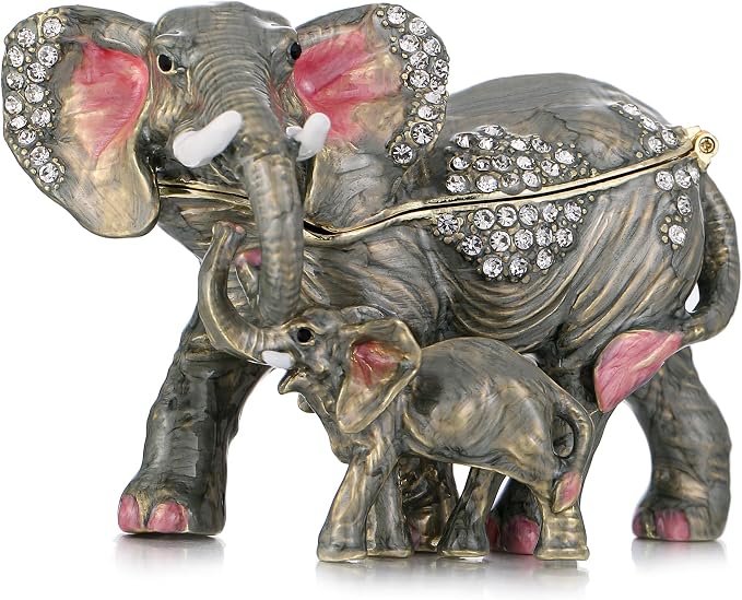 Hand Painted Animal Trinket Box for Home Decor, Hinged Jewelry Organizer Storage, Unique Personalized Collectible Keepsake Figurine Handmade Decorative Ornament Gifts (Mom & Baby Elephant) by AzurtLCX