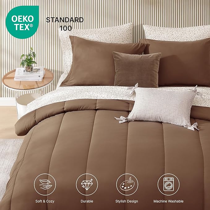 Monbix King Size Comforter Set - 7 Pieces Bed in a Bag King, Brown Track Stitching Bedding Sets, All Seasons Comforter Bed Set with Sheets