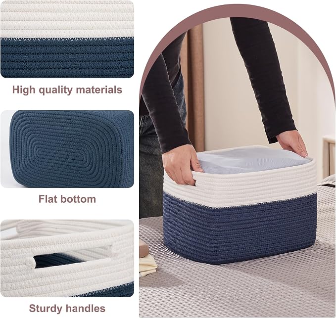 OIAHOMY 4 Pack Storage Baskets for Organizing, Basket for Shelves with Handle, Woven Baskets for Storage Toys, Towels, Books, Cotton Rope Basket 13" L x 9 " W x 7.8 " H, Blue & White - Image 3