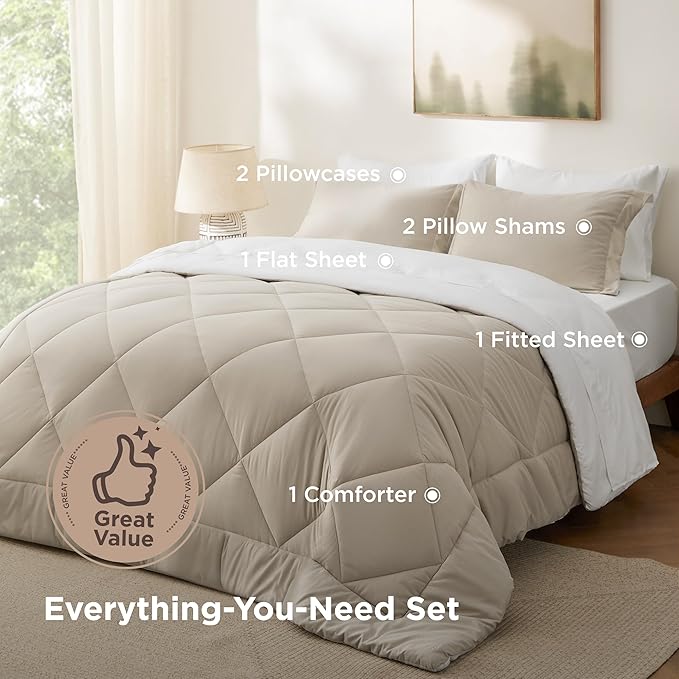 Bedsure Queen Comforter Set - 7 Pieces Reversible Beige and White Bedding, Queen Size Bed Set for All Seasons, Bed in a Bag with Down Alternative Comforter, Sheets, Pillowcases & Shams