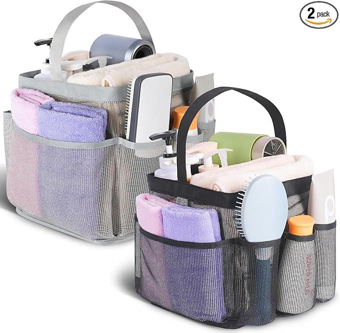 EUDELE 2 Pack Mesh Shower Caddy Portable for College Dorm Room Essentials, Shower Caddy Dorm with 8-Pocket Large Capacity,Shower Bag for Beach,Swimming,Gym All Black+All Grey by EUDELE