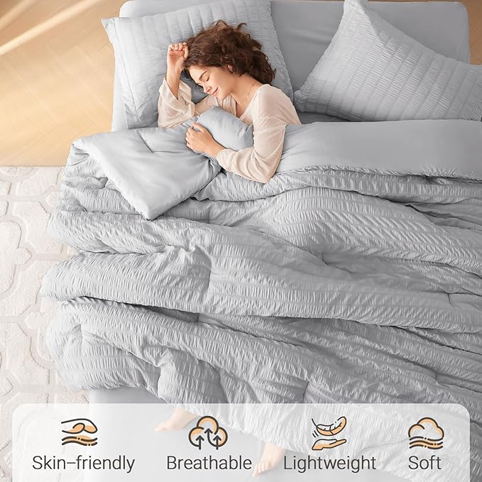 MUXHOMO 7 Pieces King Comforter Set, Seersucker Bed in a Bag King Size, All Season Luxury Bedding Set with Comforter, Flat Sheet, Fitted Sheet, Pillowcases & Shams, Light Grey