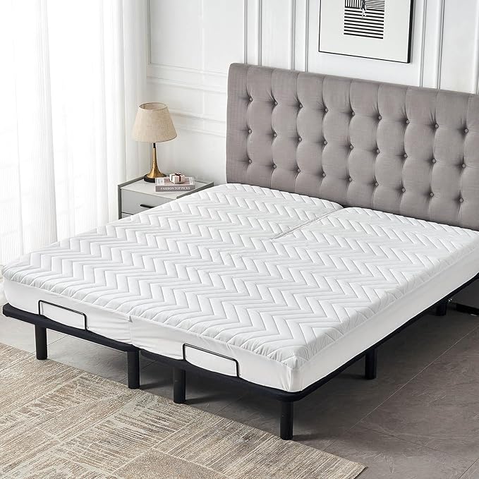 Kingnex Waterproof Quilted Split Top King Mattress Protector Pad for Adjustable Bed with Upper Flex Fitted Sheet Padded Mattress Cover 32-34 Split from Head