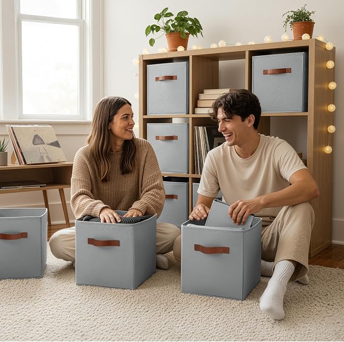 GRANNY SAYS 11 Inch Cube Storage Bins, 6 Pack Foldable Cube Storage Organizer, Fabric Storage Bins with PU Handle, Clothing Storage Baskets for Shelves, Closet, Grey, 6-Pack - Image 4