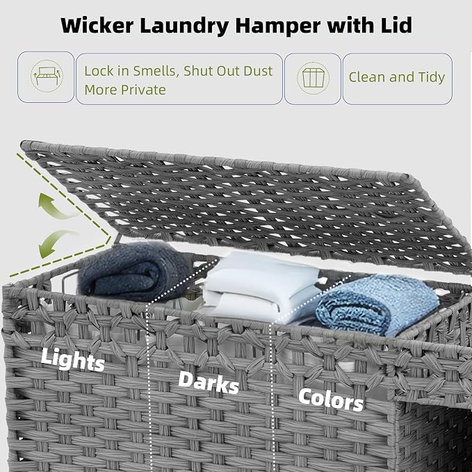 Laundry Hamper with Lid, 160L Rattan Wicker Laundry Basket with Wheels, Handwoven Laundry Hamper 3-Section with Storage shelf(42.3 Gal), Laundry Sorter Basket with Removable Liner, GreyHLH033G - Image 6