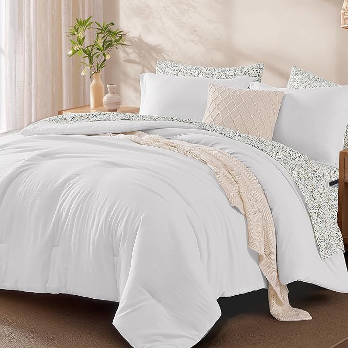 Monbix Queen Comforter Set - 7 Pieces White Prewashed Bed in a Bag Queen Bedding Sets with Comforters, All Seasons Ultra Soft Comforter Bed Set with Sheets, Pillowcases & Shams