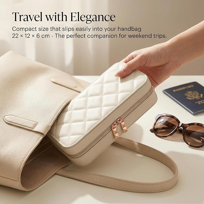 Travel Jewelry Case with Mirror, Quilted Small Jewelry Box Organizer for Women Girls, Portable Earring Necklace Bracelet Ring Holder Storage for Travel Weekend Trips (Beige) - Image 7