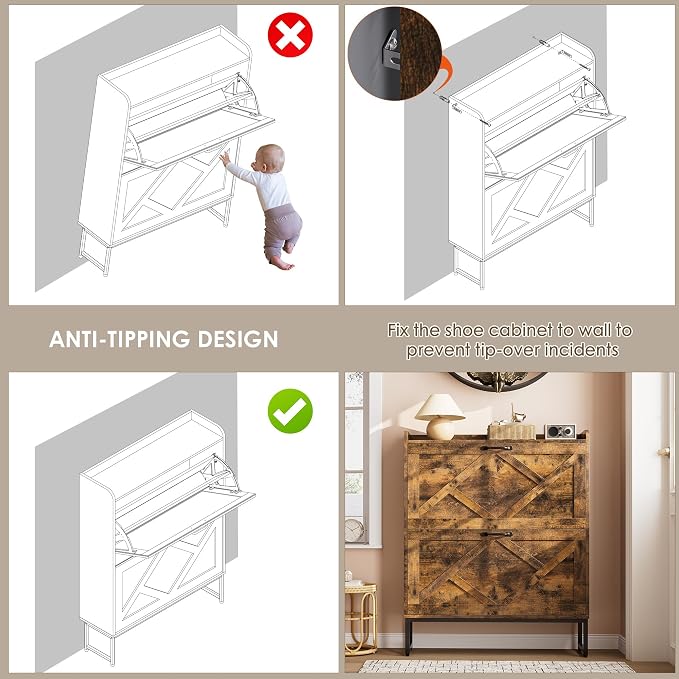 Nicetree Shoe Cabinet Organizer with 2 Flip Drawers, Freestanding Narrow Rack with Metal Legs, Farmhouse Slim Shoe Storage for Entryway, Foyer, Hallway, Rustic Brown - Image 9