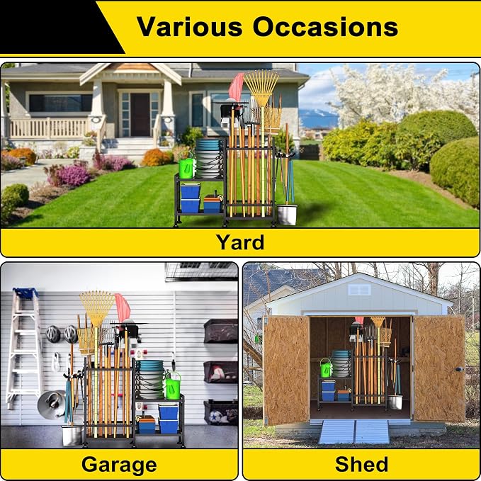 GIOTORENT 5 Tier Garden Tool Organizer, Metal Yard Tools Storage Rack, Garage Storage and Organization, Heavy Duty Garden Tool Organizer for Garage, Yard, Patio, Shed, Indoors and Outdoors, Black - Image 2