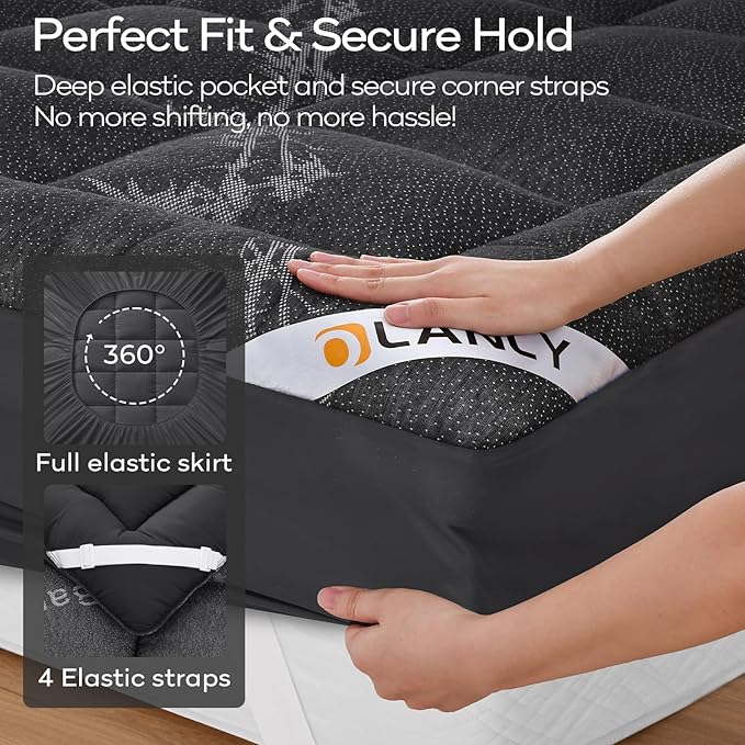 OLANLY Full Mattress Topper – Viscose Made from Bamboo, Cooling Soft Full Pillow Top Mattress Pad for Back Pain Relief, Plush Down Alternative Fill Bed Topper with Elastic Deep Pocket, Dark Gray