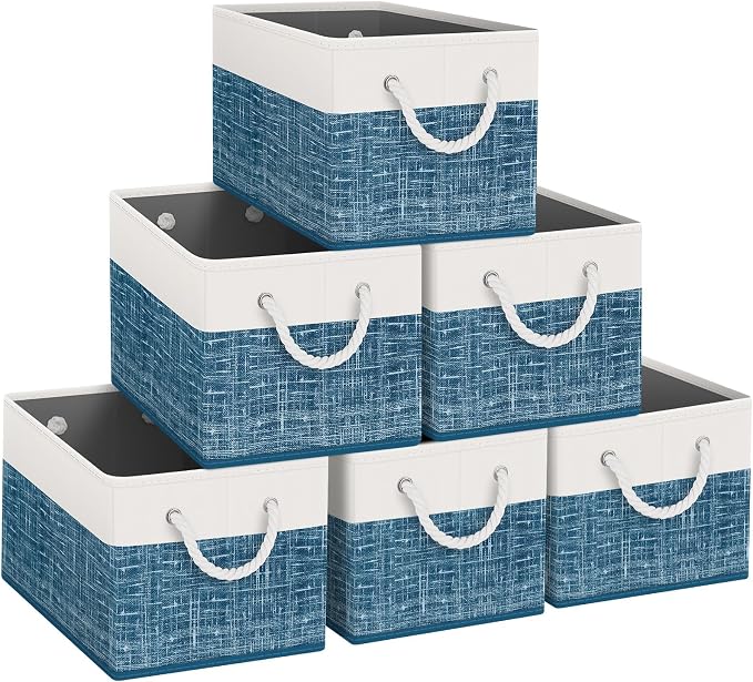 Fab totes Storage Bins [6-Pack], Foldable Storage Baskets for Organizing Toys, Books, Shelves, Closet, Large Storage Box with Rope Handles, Sturdy Organizer Bins, White & Blue by Fabtotes