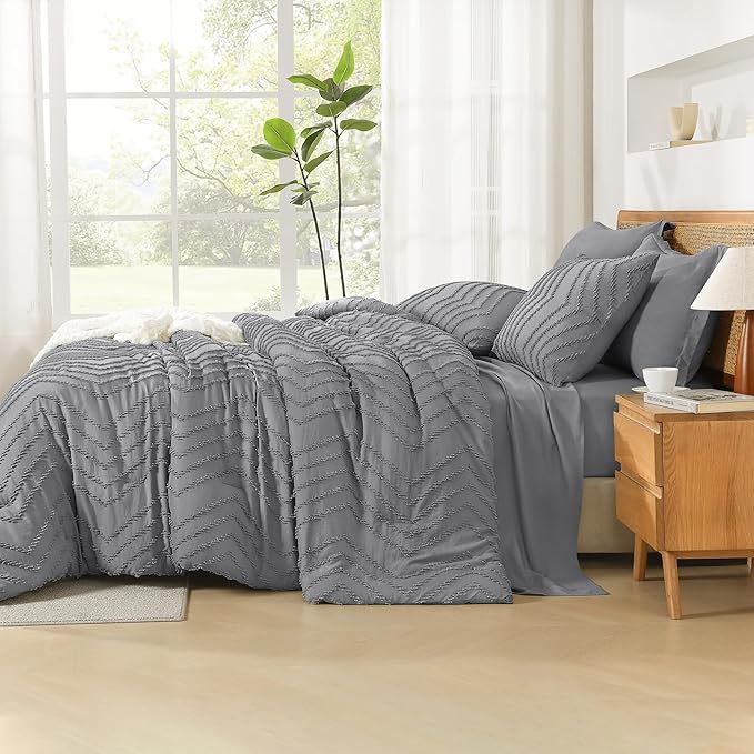 Litanika Full Size Comforter Set with Sheets Medium Gray - 7 Pieces Bed in a Bag Full Chevron Tufted Complete Bedding Sets with Comforter, Sheets, Pillowcases & Shams