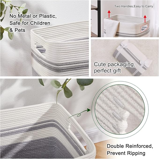 OIAHOMY Laundry Hamper, Tall Cotton Decorative Blanket Storage Basket with Handles for Living room,Collapsible Large Baskets for Toys,Pillows,Clothes Organizer-16x13x22in-Gray - Image 4