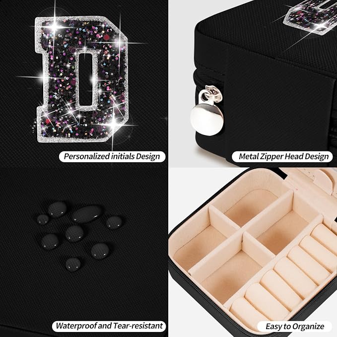 Uygafly Personalized Jewelry Case for Women Girls - Fashion Mini Jewelry Boxes - Trendy Travel Jewelry Organizer with Initials Letter - Teen Gifts | Black,D - Image 4