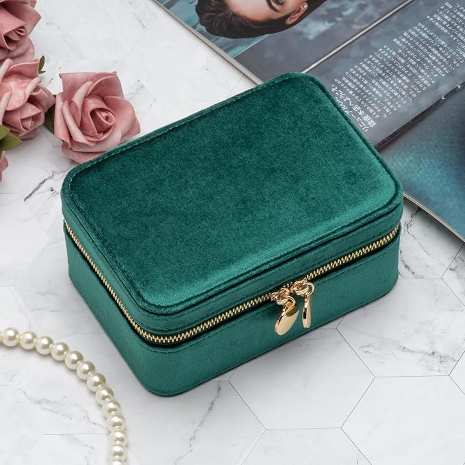 Velvet Travel Jewelry Organizer Box with Zipper Around Portable Accessory Display Tray Holder Storage Case for Multiple Earrings Rings Necklaces Bracelets (Green) - Image 5