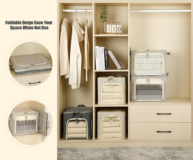 3 Openings Clothes Storage Bins with Metal Frame, Foldable Storage Bin for Clothes, Clothing Storage Bins with Lid, Linen Storage Box With Clear Window＆ Zippers＆ Durable Handles.(3 Pcs,Light Grey,40L) - Image 5